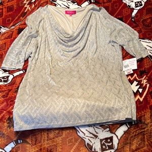 NWT Nine&Co Day To Dinner Ivory Midi Dress w/Cold Shoulder and Metallic Design